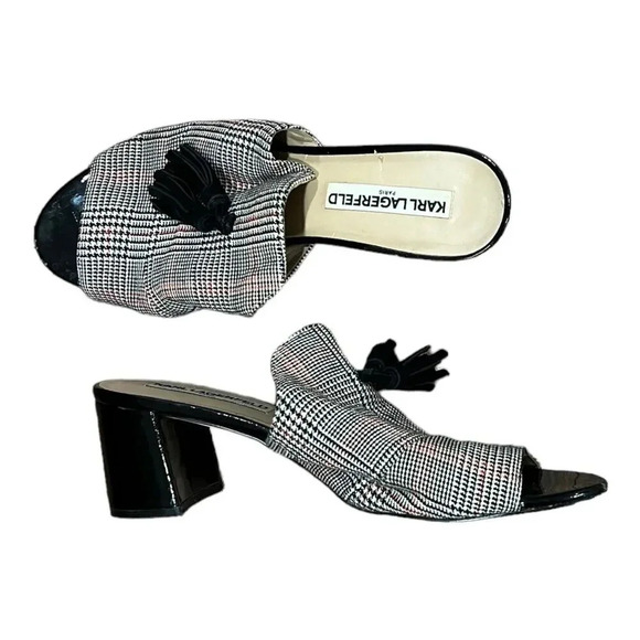Karl Lagerfeld Gray Plaid Tassle Block Heel Hettie Mules 9 - Picture 1 of 11